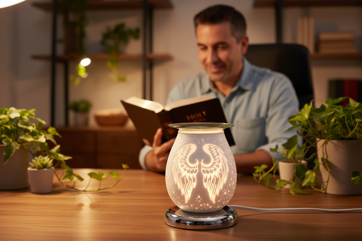 Hispanic man reading Bible at desk with White Angel Wings oil burner in foreground