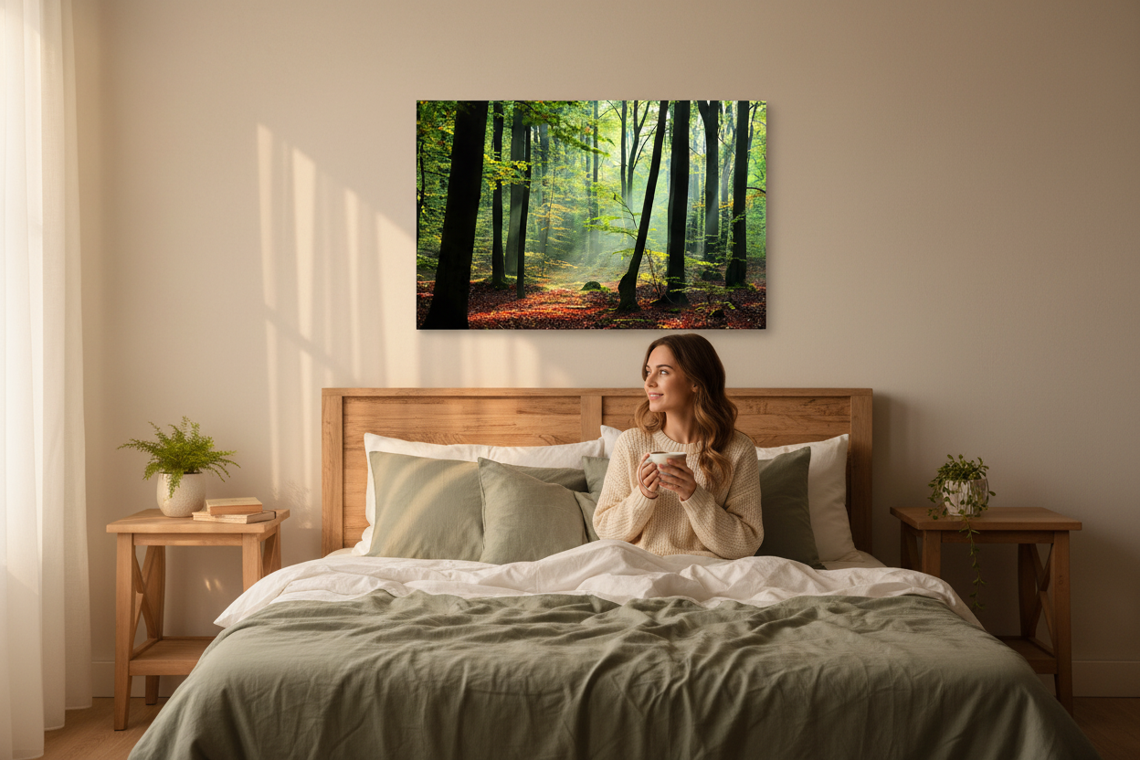 Nature forest mountain canvas wall art above bed in nature-inspired bedroom with woman and coffee