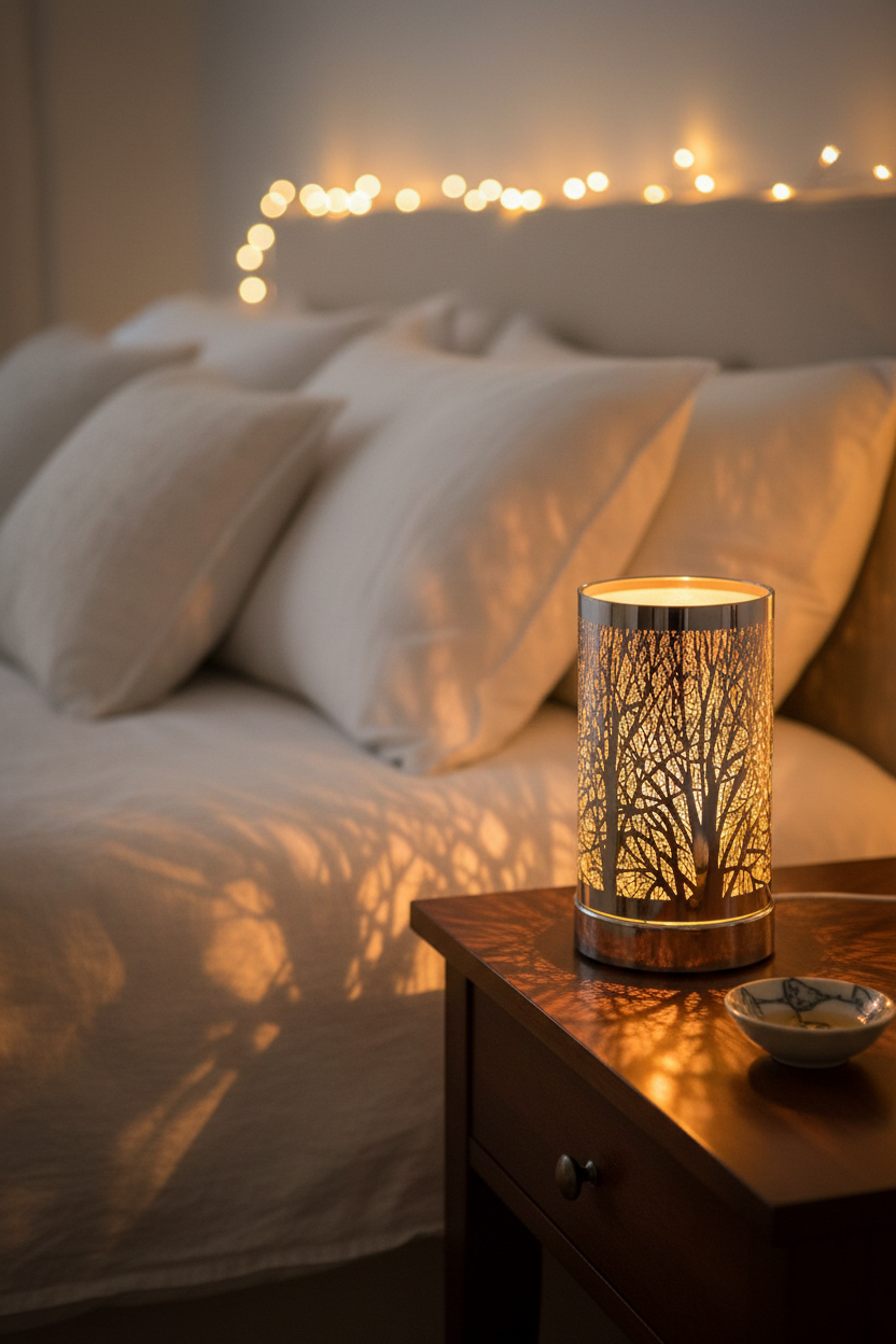 Silver Tree LED Oil Burner glowing amber on bedroom nightstand
