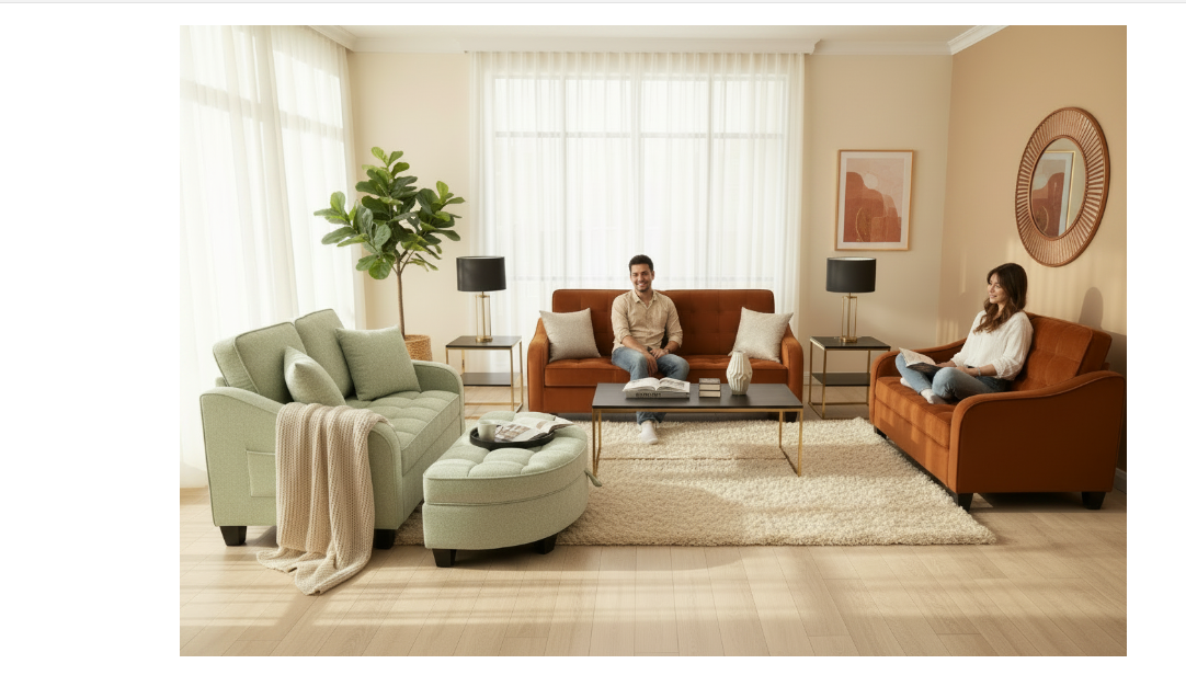 Sage green chaise lounge with orange sofa and loveseat in a fully decorated living room with people