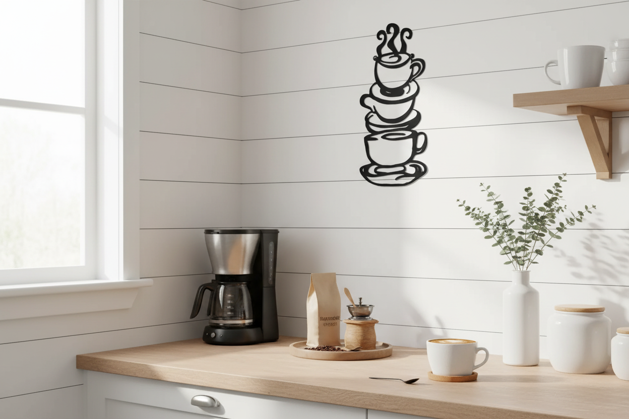 Black metal coffee cup wall art in a farmhouse kitchen