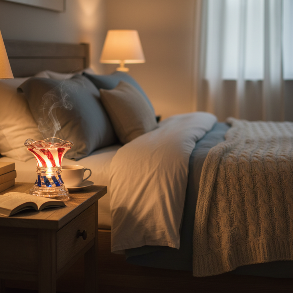 Crystal glass fragrance oil warmer glowing on bedroom nightstand