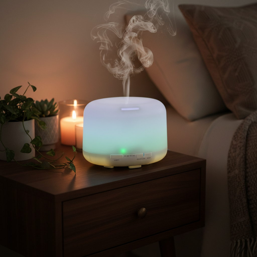 Ultrasonic Aroma Diffuser on cozy nightstand
