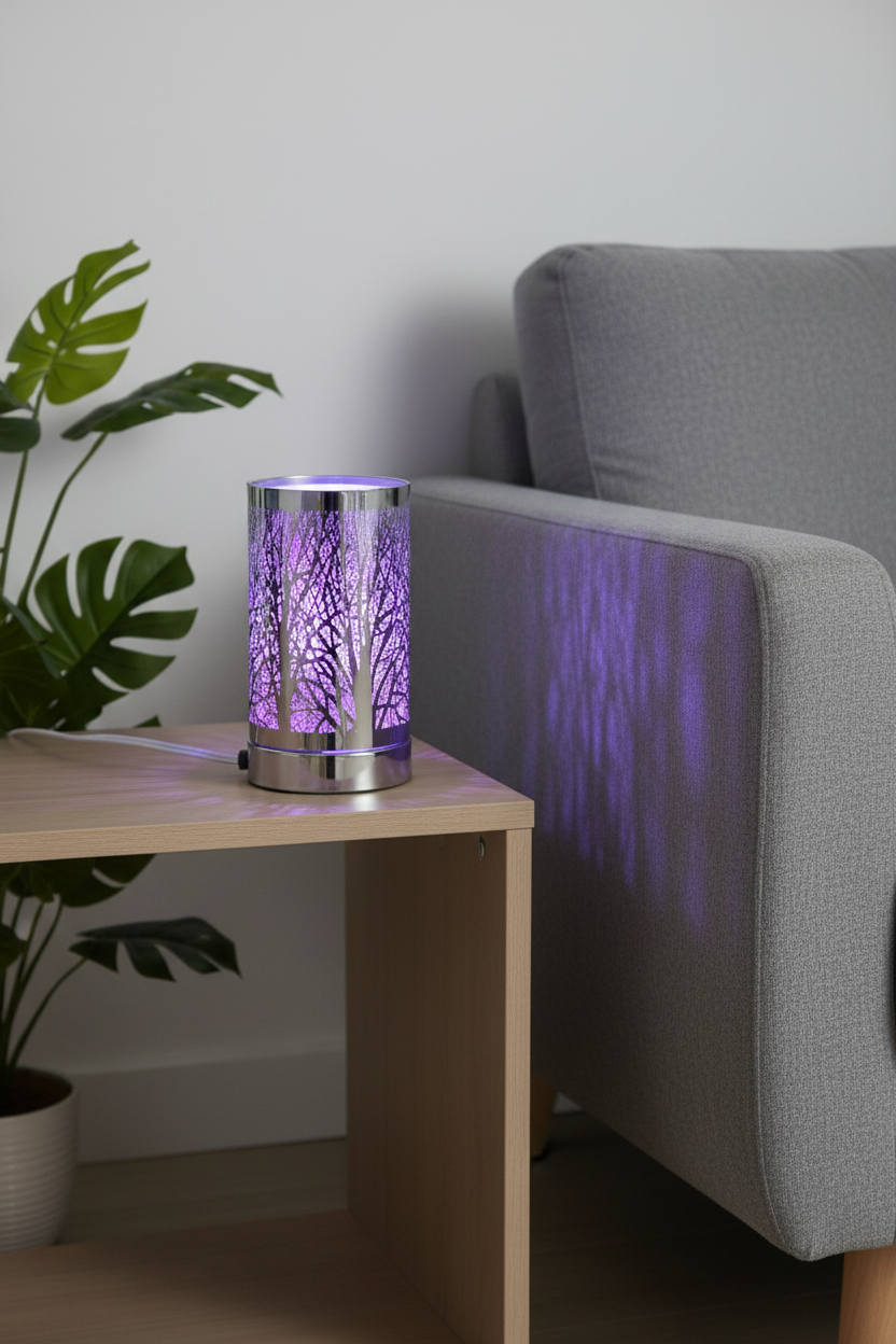 Silver Tree LED Oil Burner glowing purple blue in modern living room