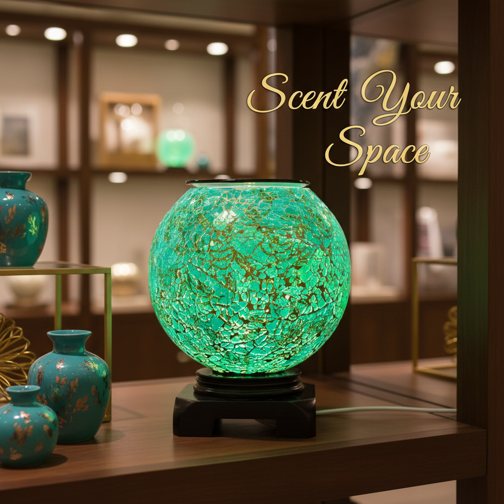 Teal Blue Globe Oil Burner in boutique store display - Scent Your Space