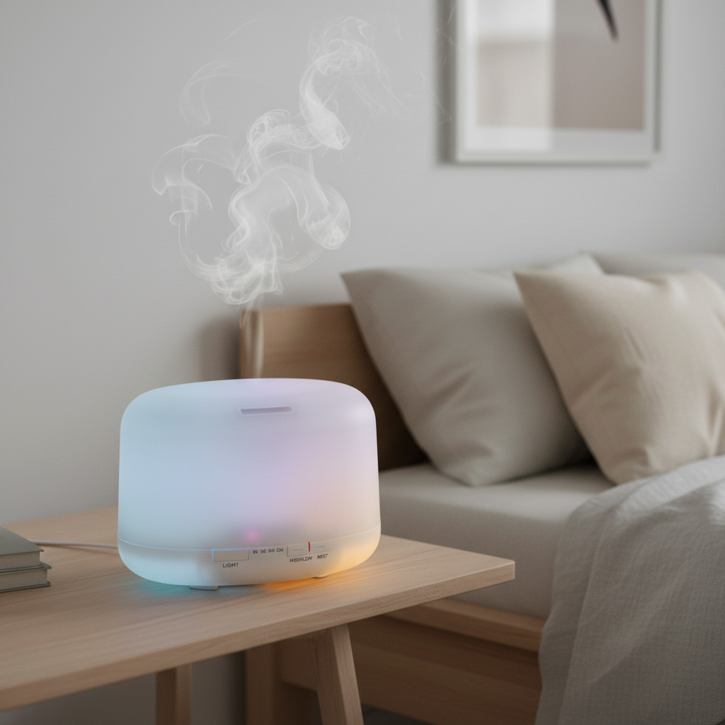 Ultrasonic Aroma Diffuser in Scandinavian minimalist bedroom