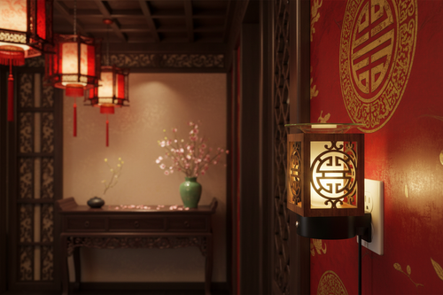 Antique round wood wall plug-in oil warmer in traditional Chinese interior glowing warm