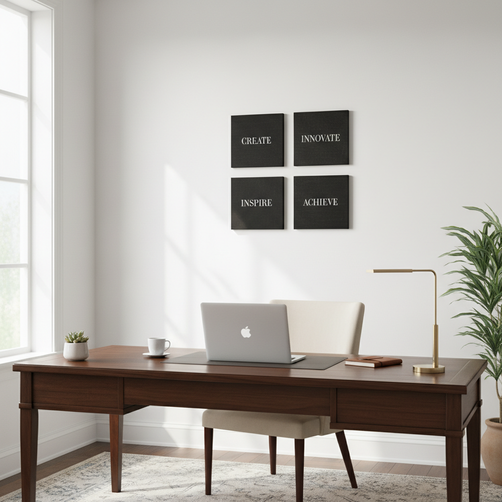Four 12x12 inch black framed motivational canvas prints in home office, true to scale
