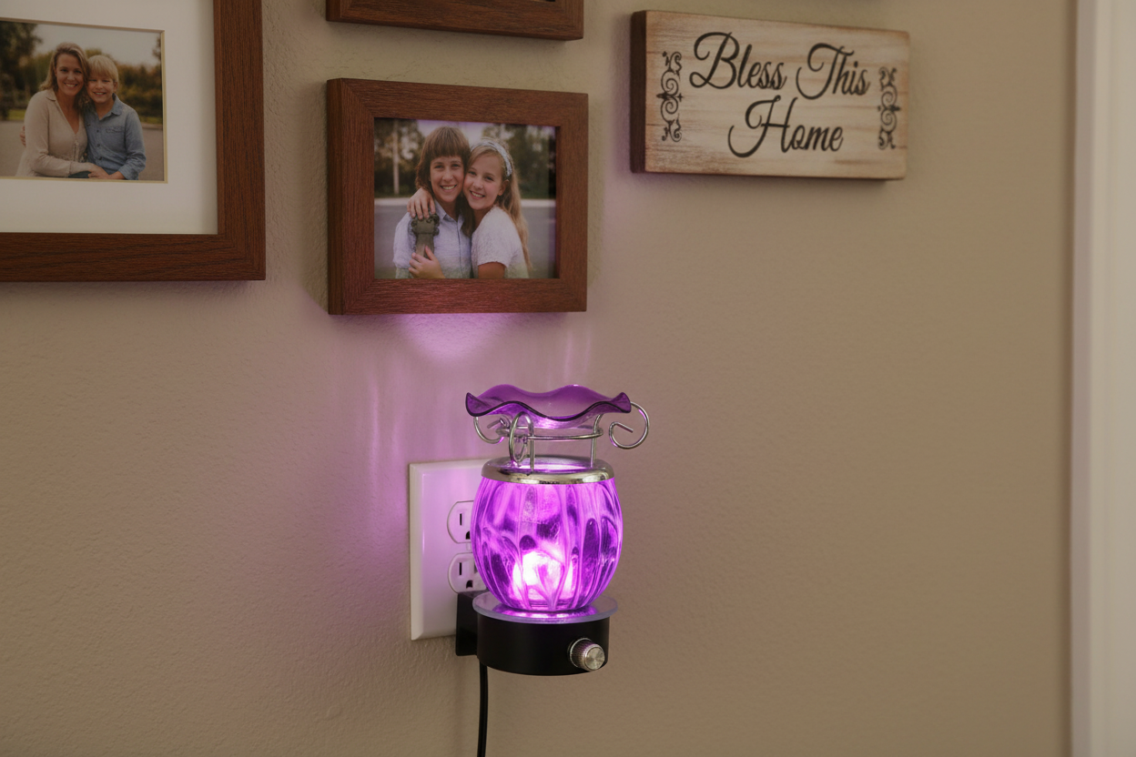 Purple tie dye ball wall burner plugged into wall below family photos and prayer plaque