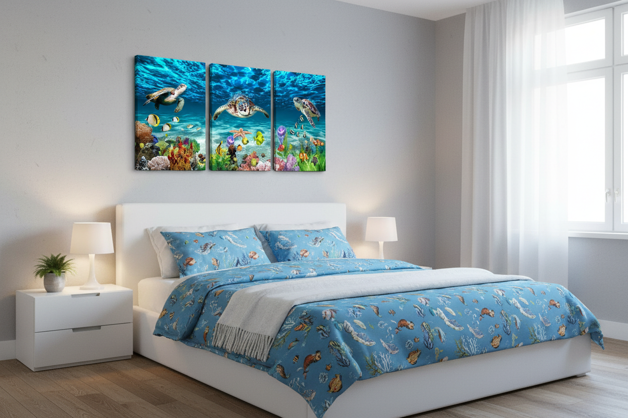 Ocean sea turtle 3-panel canvas wall art displayed in a serene bedroom