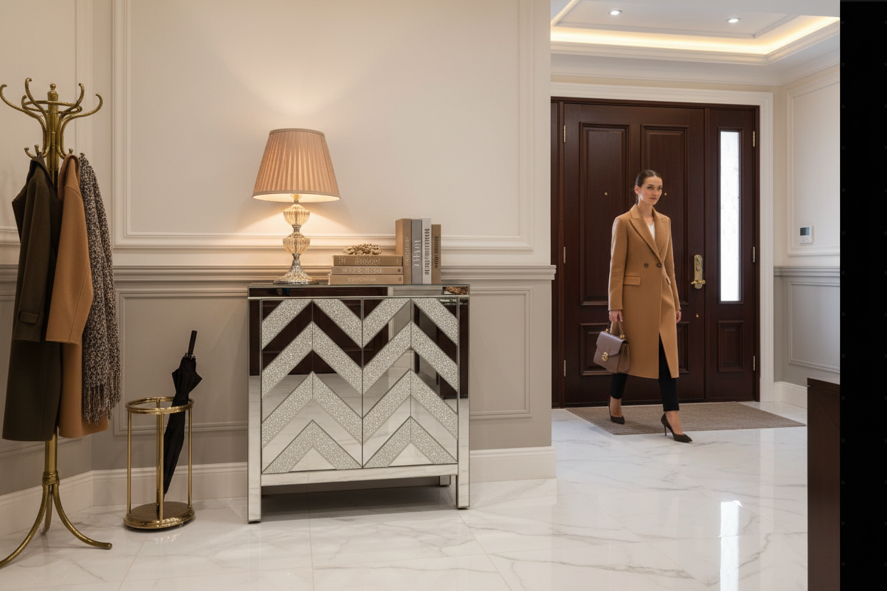 Mirrored chevron cabinet in entryway hallway with woman