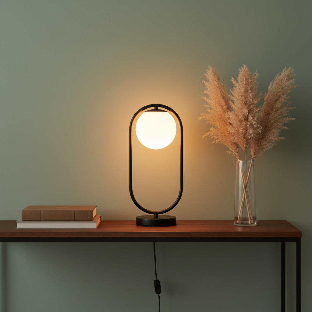 Black oval frame lamp on console table with sage green wall