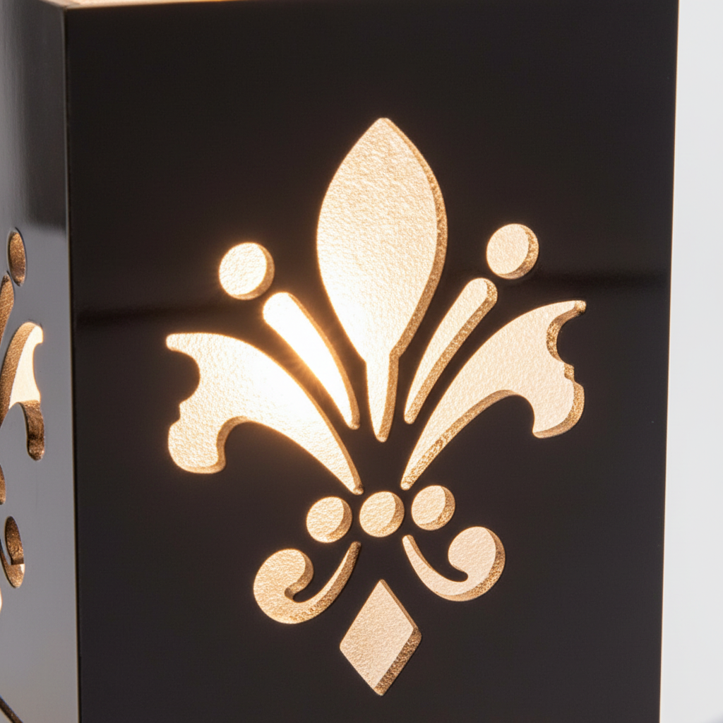 Close-up of Fleur De Lis cutout glow detail