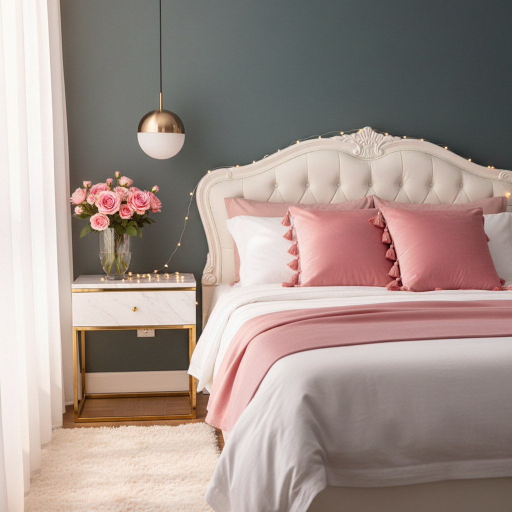 Girl pink velvet tassel pillow styled in complete romantic bedroom setup