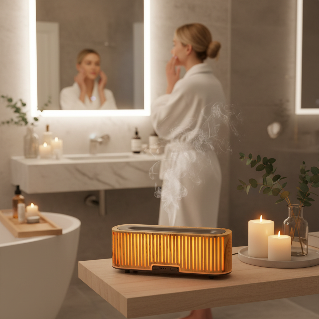 Woman in white robe doing skincare with aroma diffuser