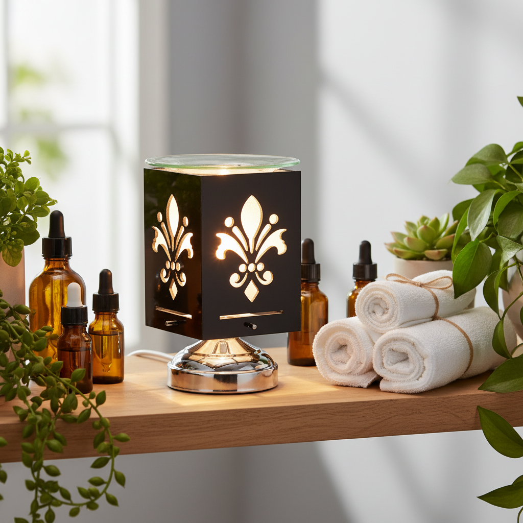 Fleur De Lis warmer on spa wellness shelf