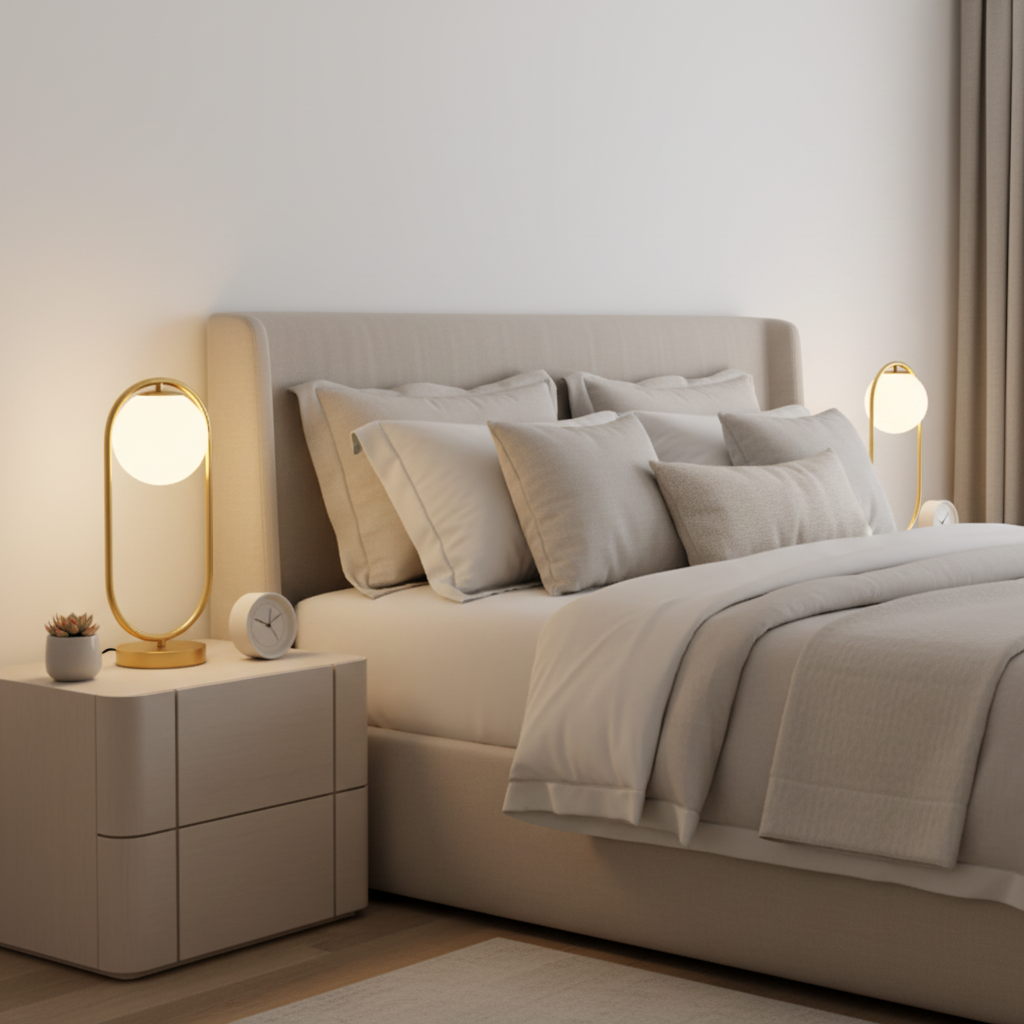 Gold oval frame lamp on bedroom nightstand