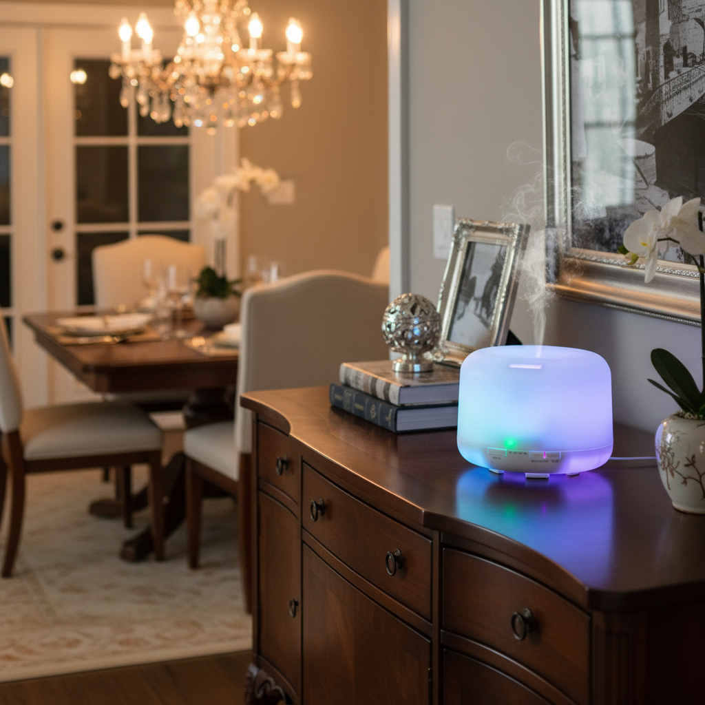 Ultrasonic Aroma Diffuser on dining room buffet sideboard