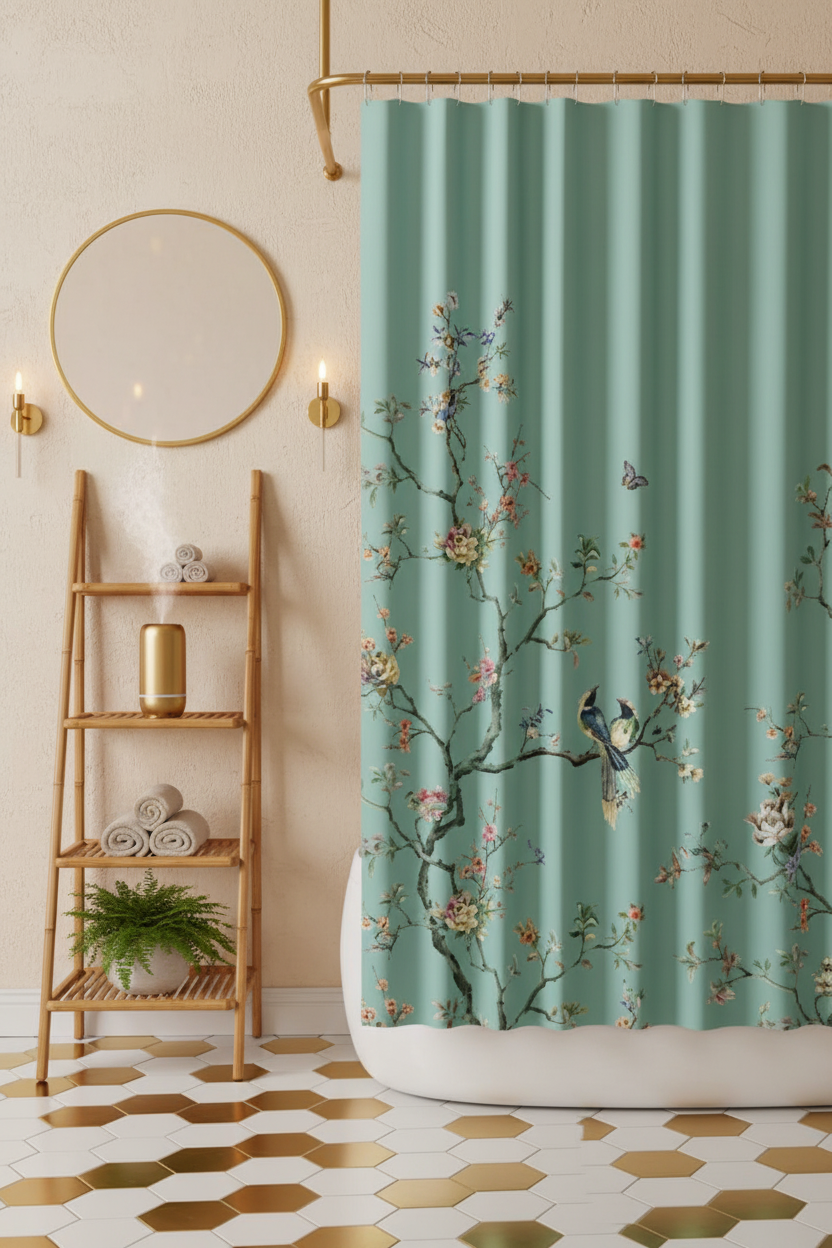 Teal Botanical Bird & Butterfly Shower Curtain – 72"W × 72"H