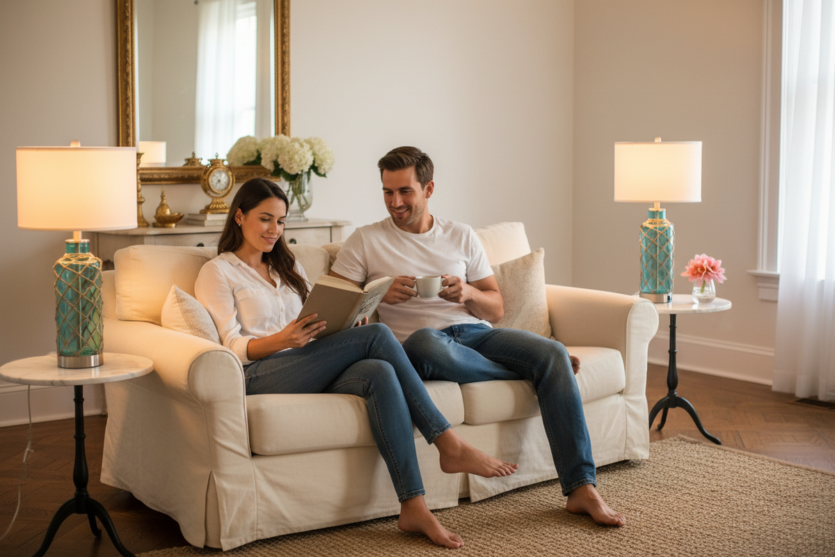 Couple relaxing in elegant living room with Coastal Nautical Table Lamps
