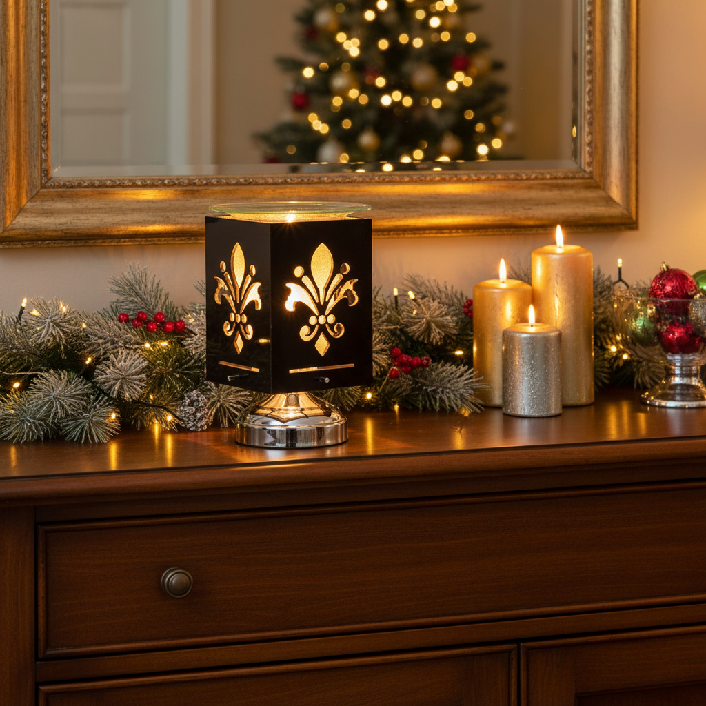 Fleur De Lis warmer on holiday dining sideboard