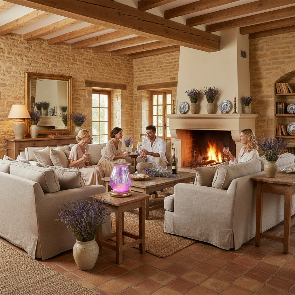 Purple Drizzles lamp glowing in a French country living room with people