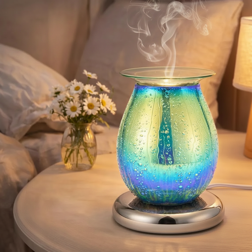 Blue Drizzles lamp glowing on bedroom nightstand