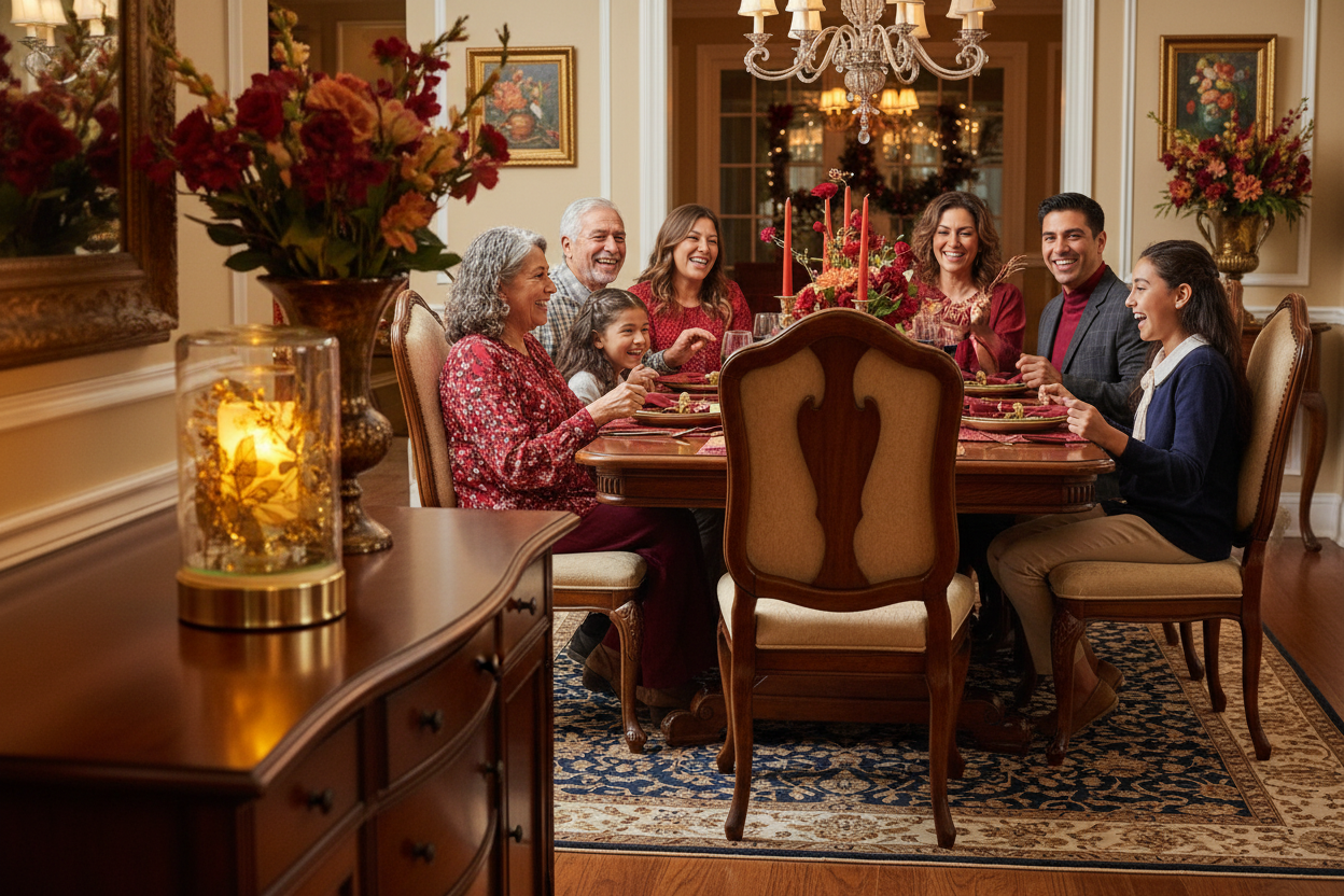 Multigenerational Latino family dinner with Gold Flower Glass Fragrance Oil Warmer