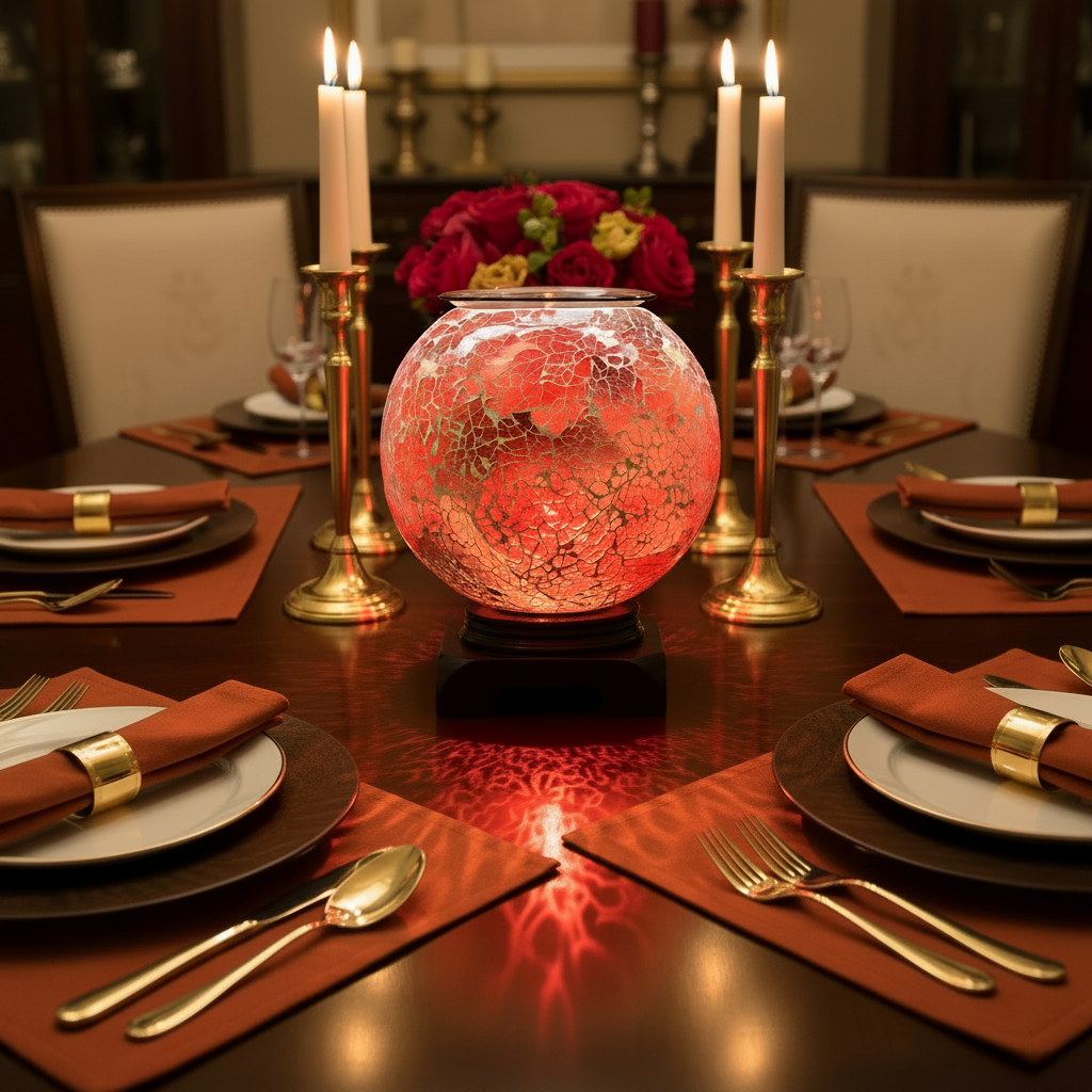 Red Globe Oil Warmer with gold placemats dining room setting
