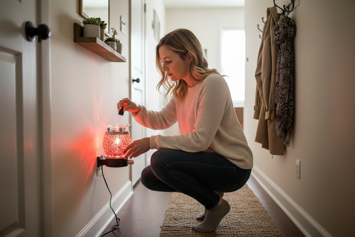 Woman pouring fragrance oil into red mosaic wall plug-in warmer in small cozy hallway entryway