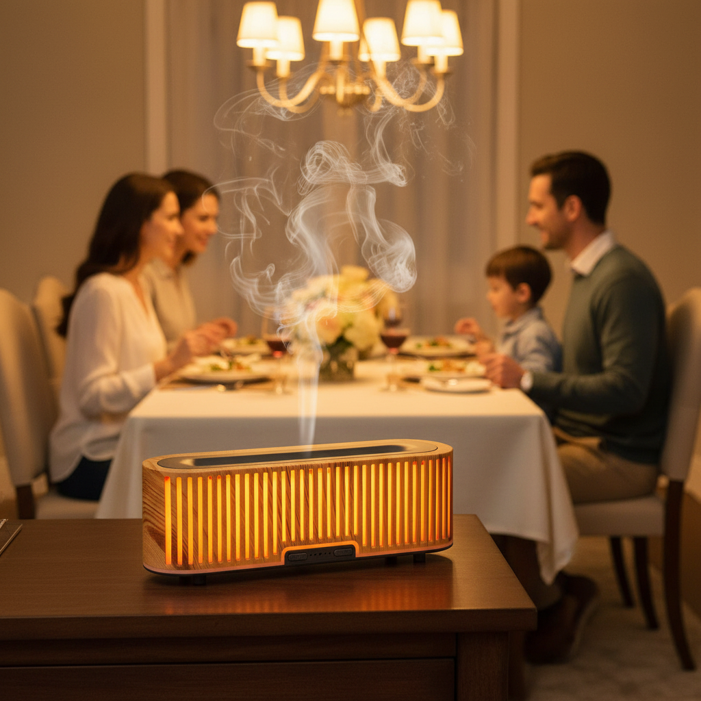 Family enjoying dinner with aroma diffuser in background