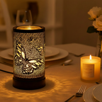 Butterfly Mosaic Wax Warmer on cream linen tablecloth with candle