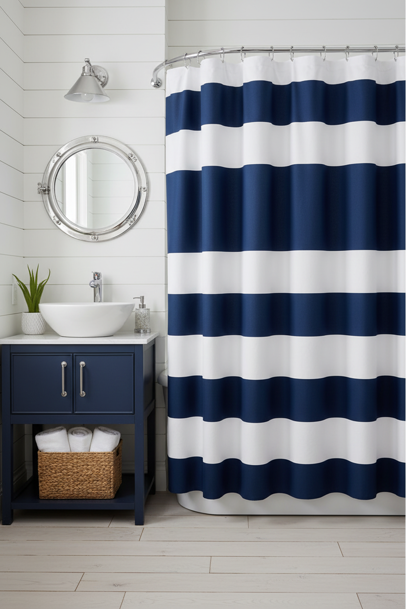 Navy Blue & White Nautical Stripe Shower Curtain – 70"W × 72"H