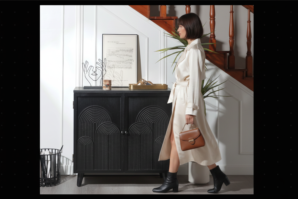 Modern black accent cabinet in entryway with woman