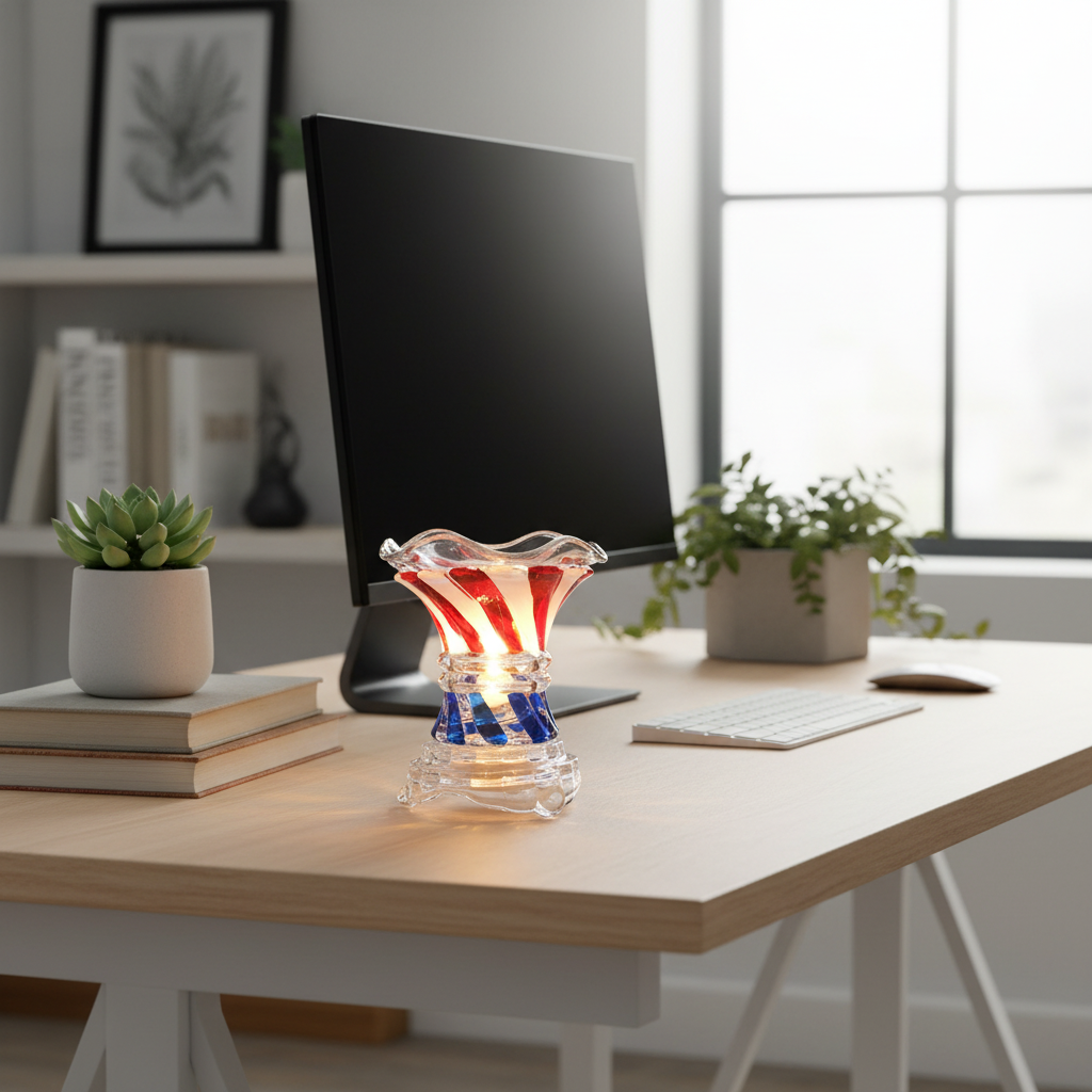 Crystal glass fragrance oil warmer glowing on home office desk