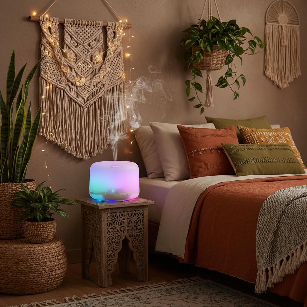 Ultrasonic Aroma Diffuser in bohemian bedroom