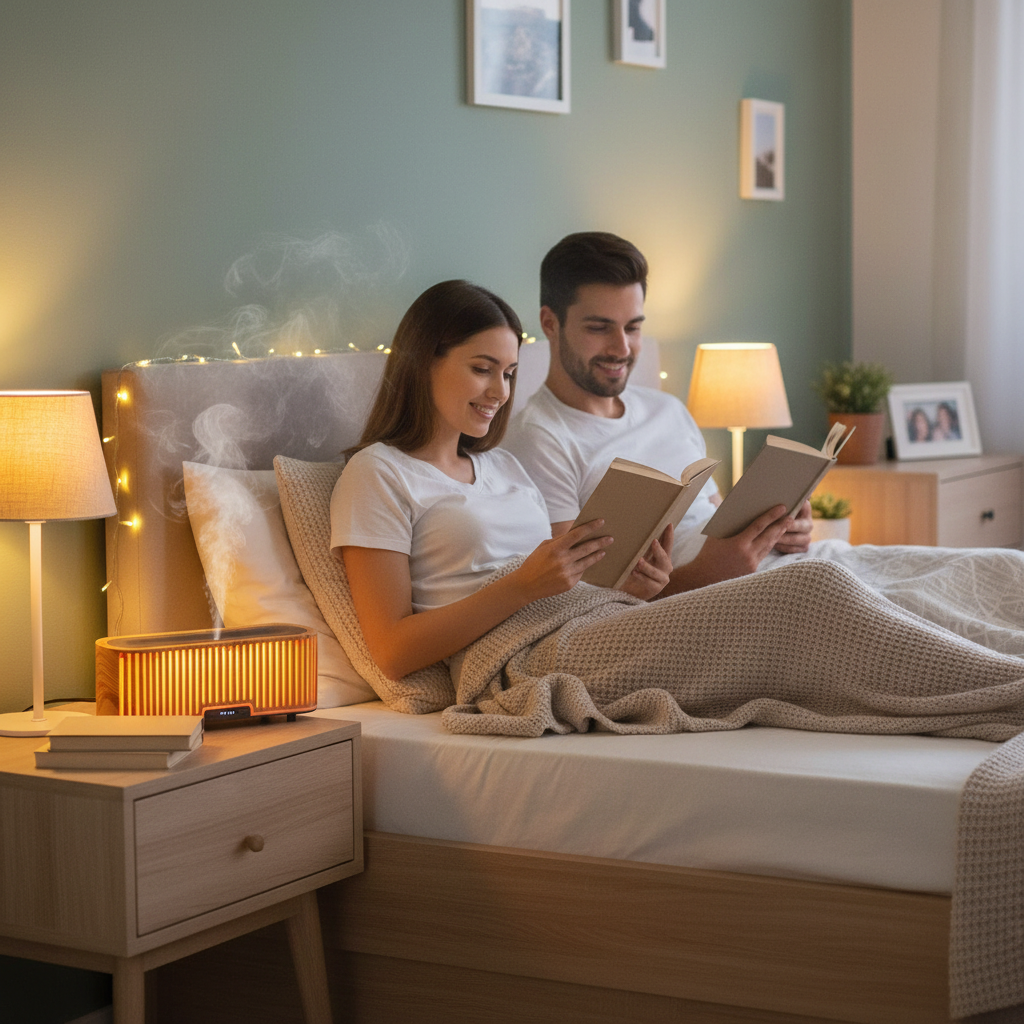 Couple relaxing in bedroom with aroma diffuser