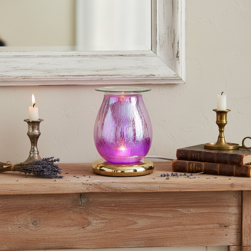 Purple Drizzles lamp on French country mantelpiece with lavender