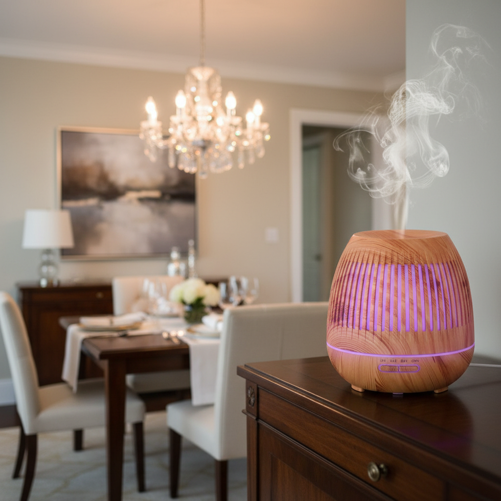 Light Wood Aroma Diffuser on dining room buffet sideboard