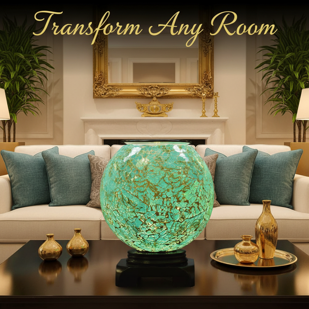 Teal Blue Globe Oil Burner in living room - Transform Any Room