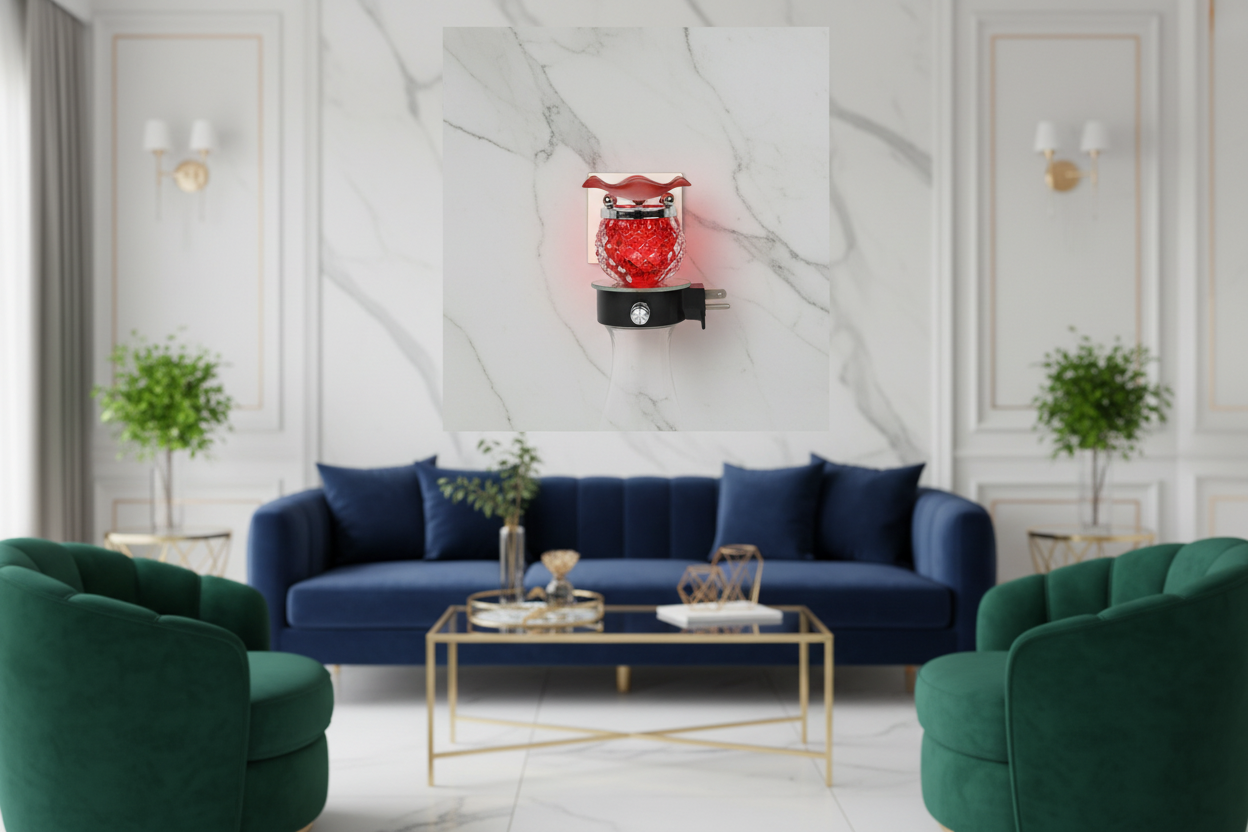 Red pineapple wall plug-in oil warmer plugged into luxury living room wall outlet