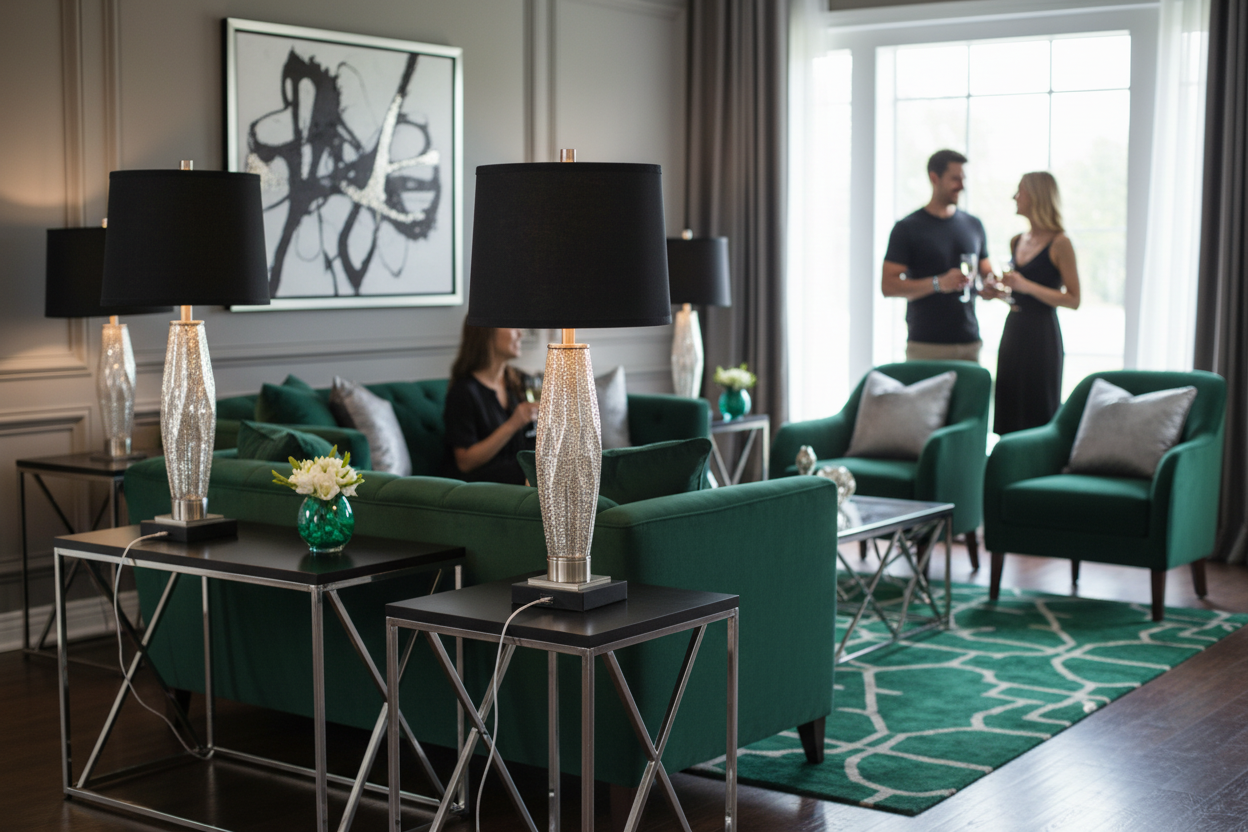 Table lamps in black silver and green living room scene