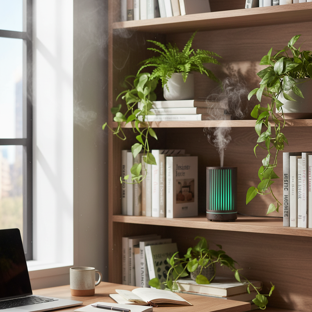 Darkwood Aroma Diffuser on office bookshelf