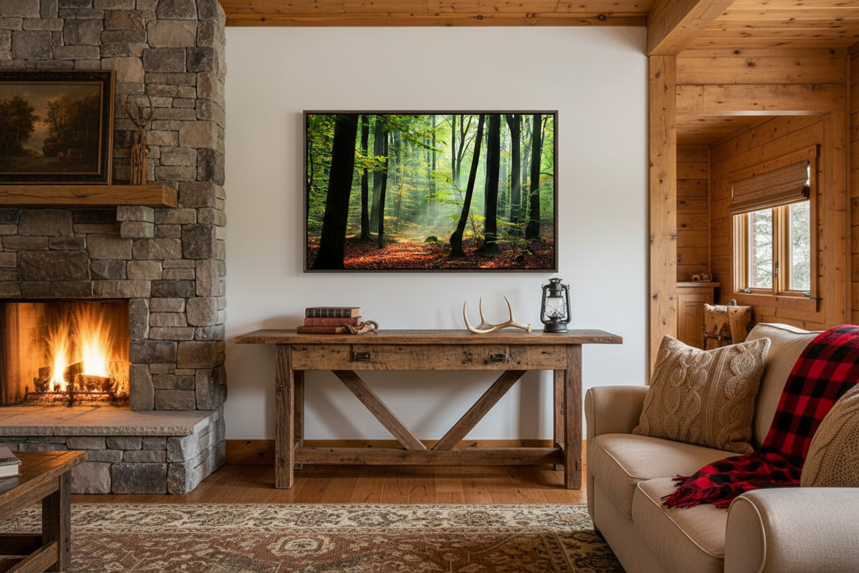 Nature forest mountain canvas wall art in cozy cabin living room above rustic console table