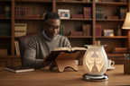 Black man reading Bible at desk with White Angel Wings oil burner in foreground