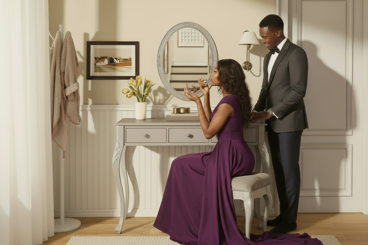 Elegant Black couple at grey vanity