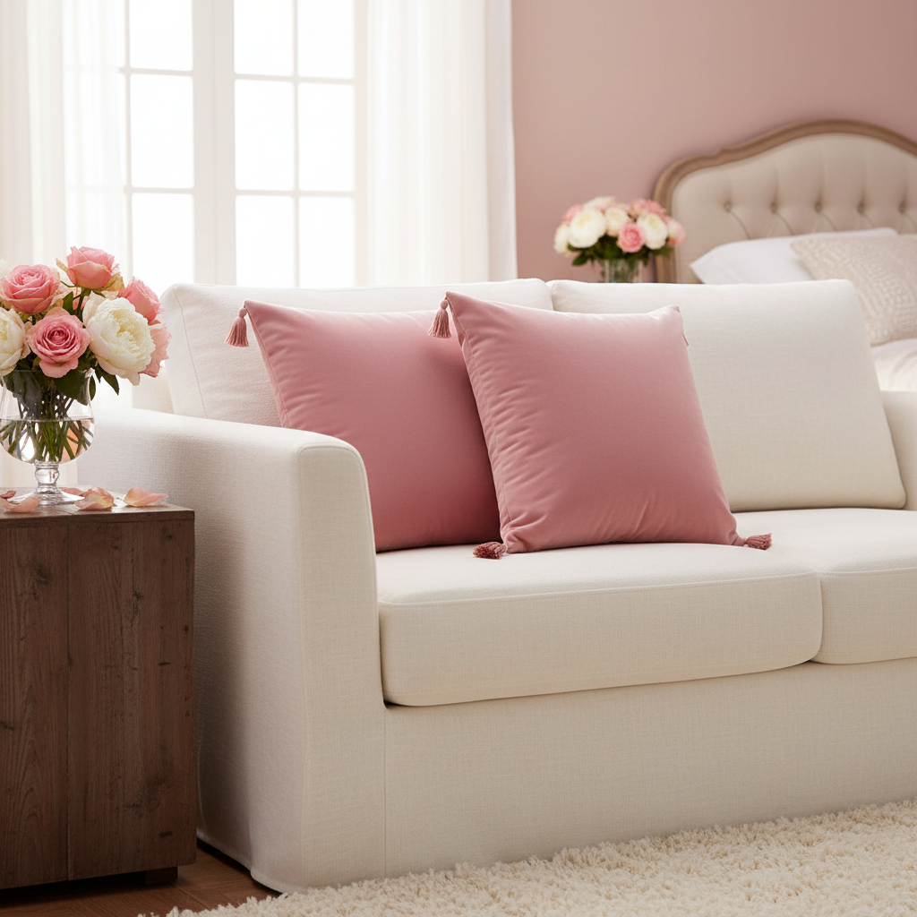 Girl pink velvet tassel pillow on white linen sofa in romantic bedroom