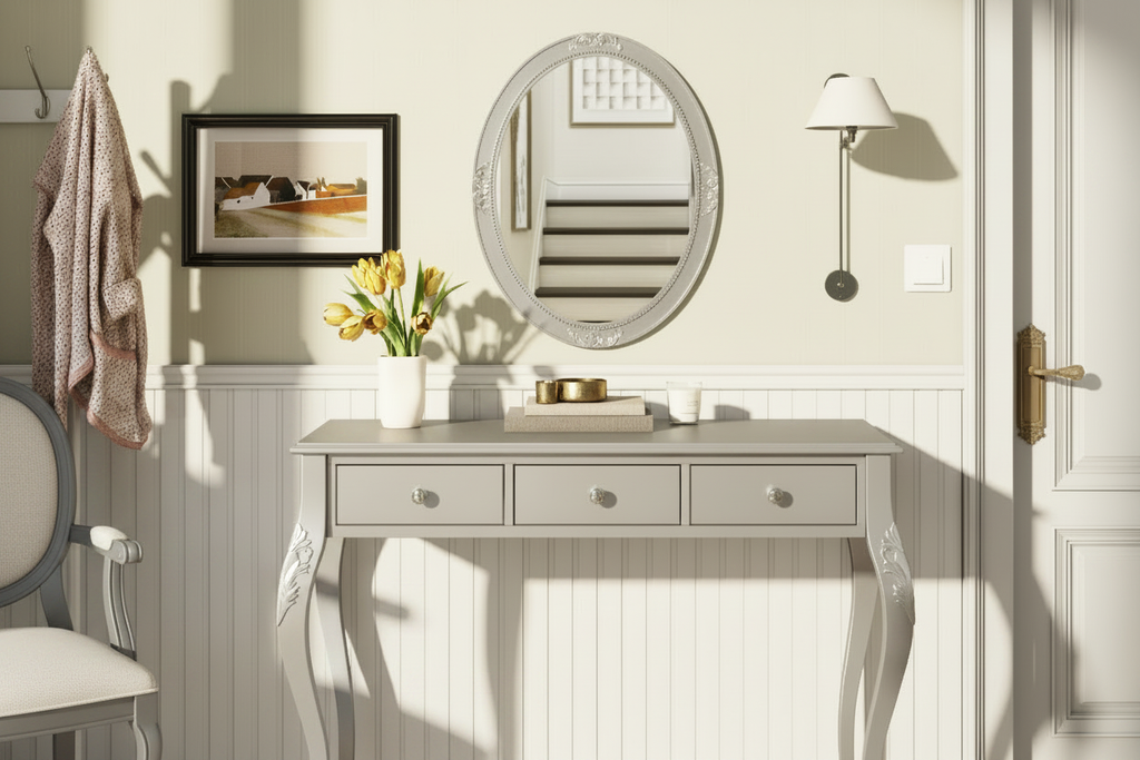 Hero product shot of grey vanity desk