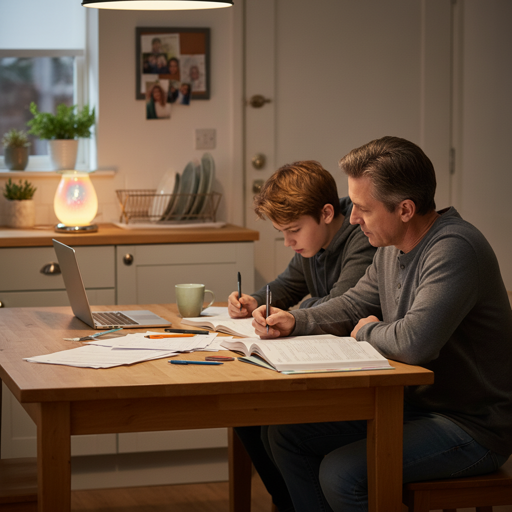 Dad and teen doing homework with White Drizzles lamp nearby
