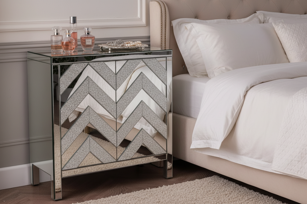Mirrored chevron cabinet in bedroom corner